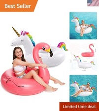 Encantador paquete de 2 flotadores inflables para piscina de unicornio y flamenco para diversión de verano sin fin