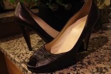 PRADA RUCHED LEAHTER BROWN PEEP TOES HEELS SIZE 41  US 11 (SH3000