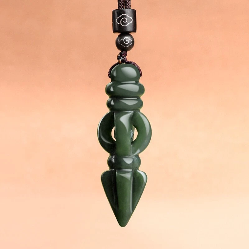 Men Woman Vajra Pestle Dorje Phurpa Necklace Natural Jade Jadeite Lucky Pendant - Image 2 of 4