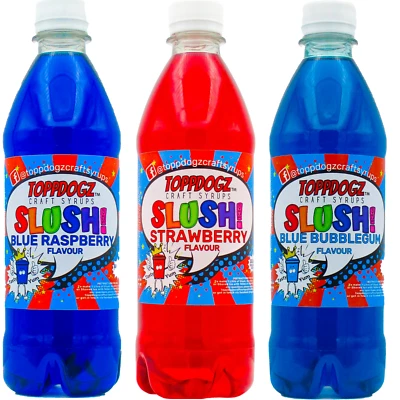 TOPPDOGZ Slush Puppy Syrup Glycerol Free BLUE RASPBERRY,STRAWBERRY, BLUE BUB 3 x 500ml