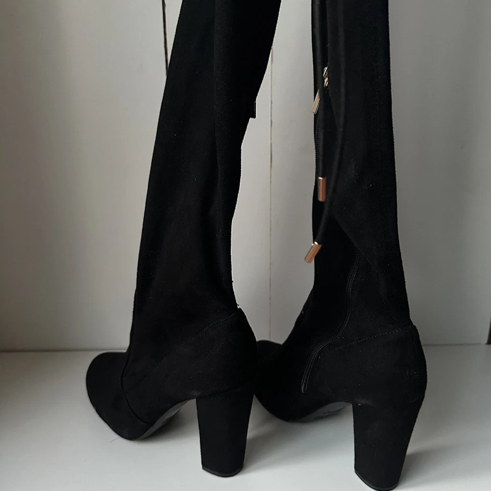 Bamboo Women Black Over Knee Heeled Boots block Heels With Straps Size 9 Zipper - Image 3 of 4