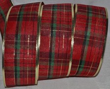 Wired Ribbon Christmas Red Tartan Plaid Gold Edge Holiday Green 2.5" Wreath Bow