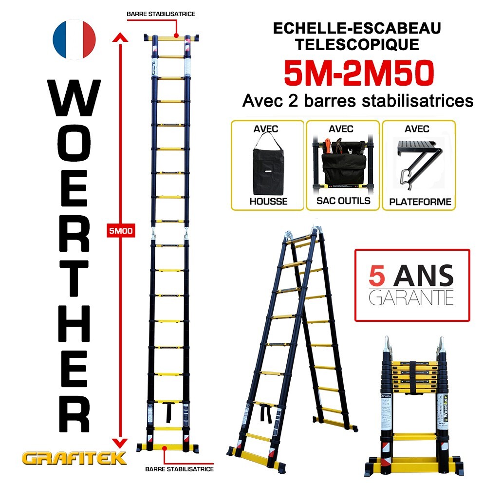 Escabeau télescopique 5m en aluminium pliable avec plateforme amovible