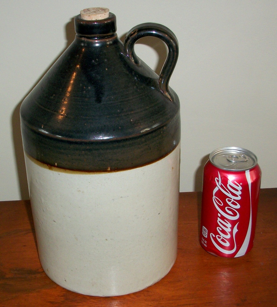 antique stoneware jug dark brown top beige bottom no maker's