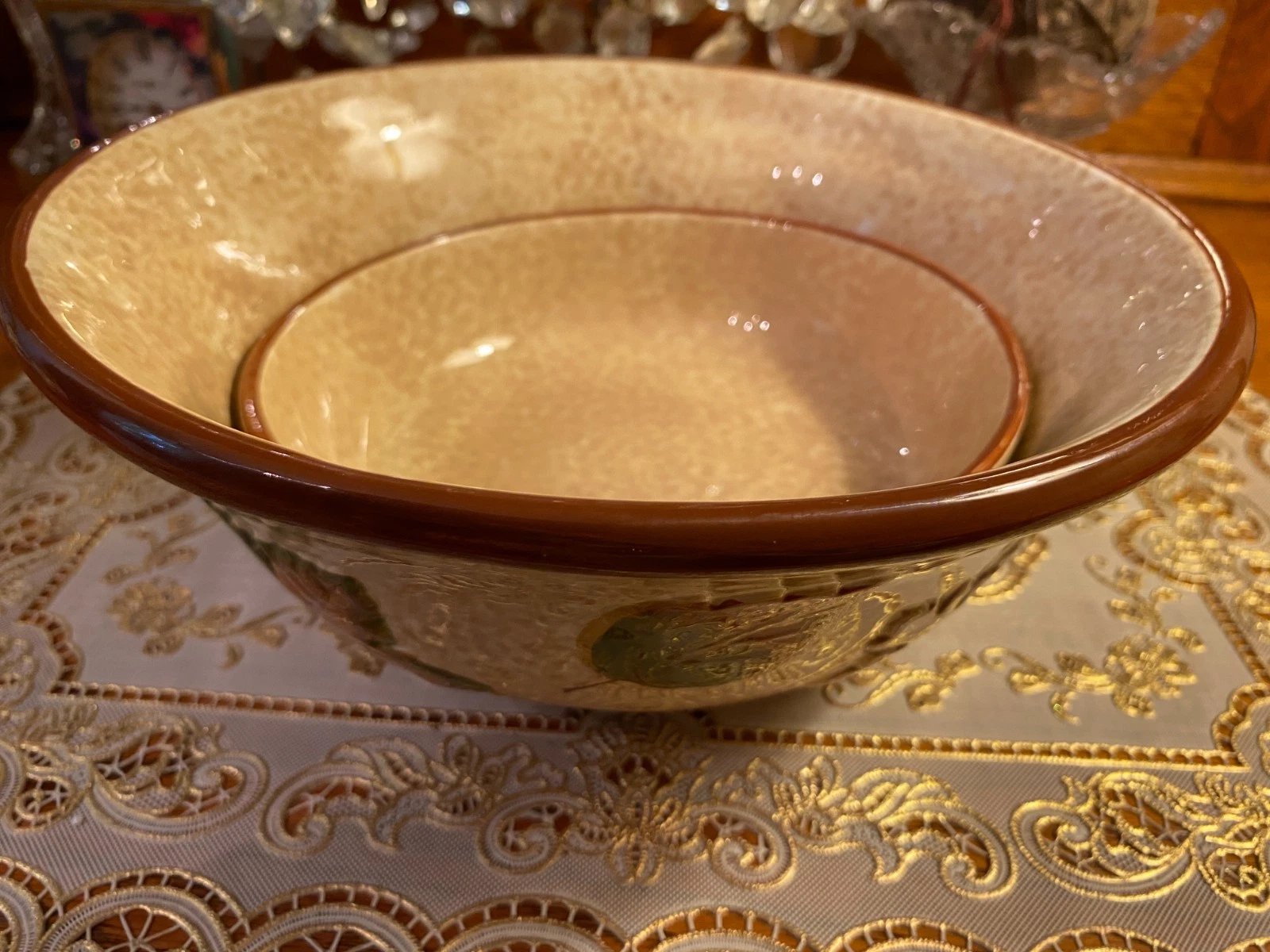 Set of Two New Stoneware Bowls 10" Mixing Bowl 7" Soup or Salad Bowl Brown & Tan