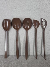 5 Vtg Rosti, Mepal, Dr Oetker Melamine Utensils Spoon Slotted MCM Brown Design 