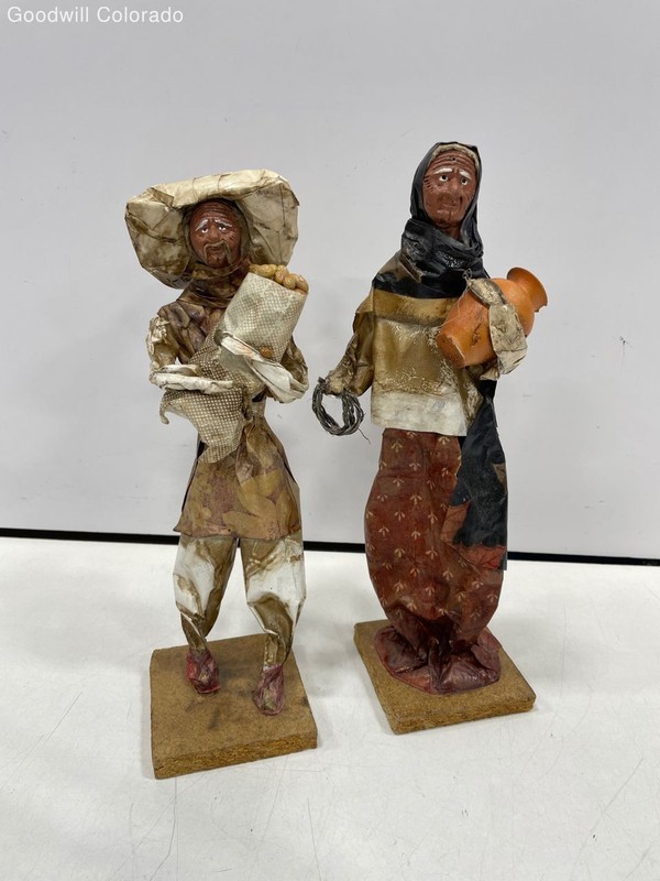 Handmade Brown Beige Figurines Textured Pattern Folk Art Sculpture Set 2
