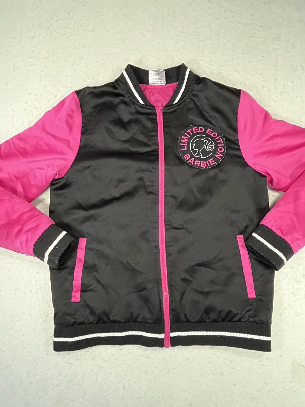Barbie Varsity Bomber Jacket Girls XL 14 16 Pink Black Lined Insulated Full Zip