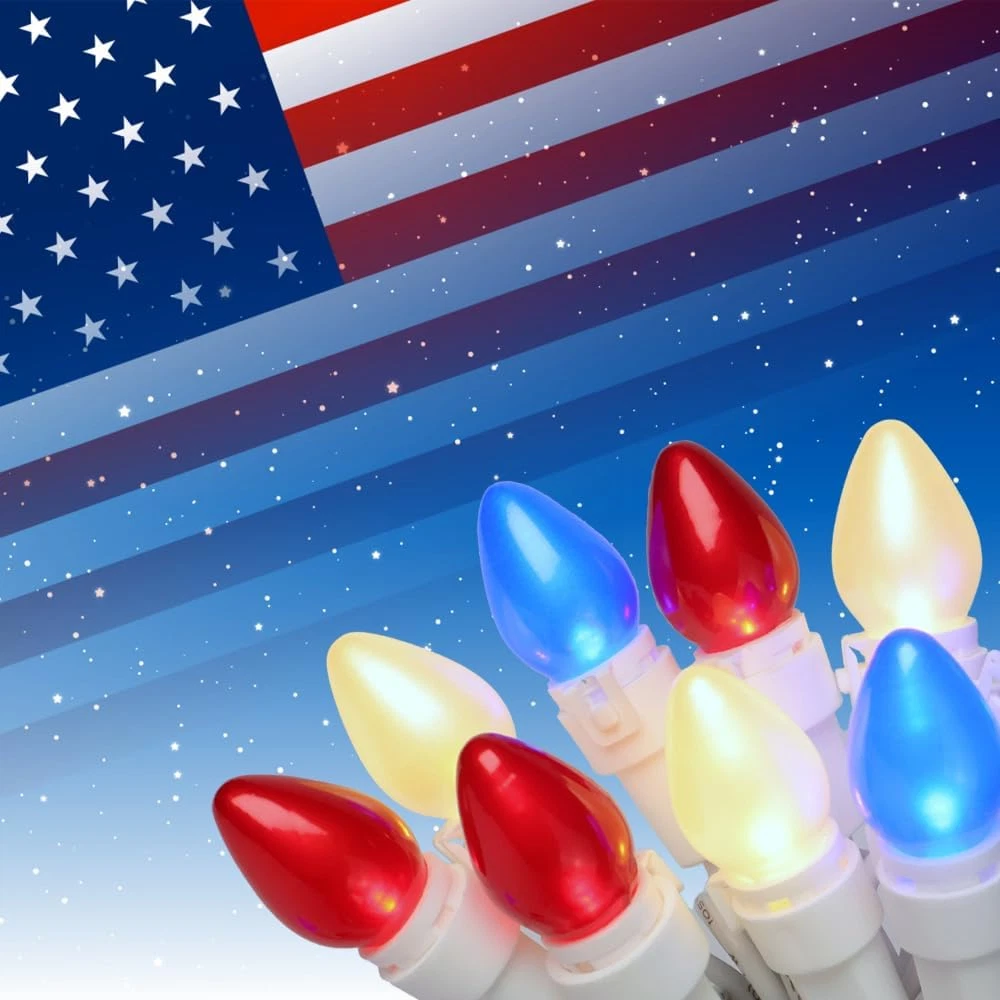 Red White and Blue String Lights, 4Th of July, C3 Glass 13.5 Ft 50 LED Plug in L