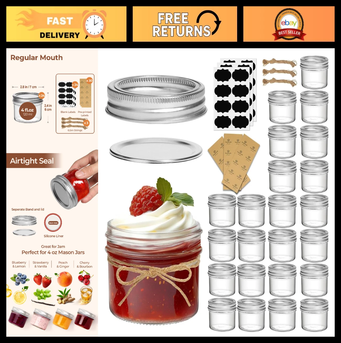 24PCS Mini Mason Jars 4oz - Small Canning Glass Containers with Lids for Sauces,