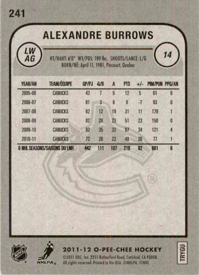 2011-12 O-Pee-Chee Alexandre Burrows #241 - Image 2 of 2