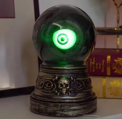 Animated Crystal Ball with Glowing Green Eyeball - Gothic LED Prop with Sound