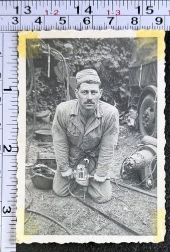 WW2 Soldier France Mechanic Working on Vehicle Vintage BW Photo Snapshot