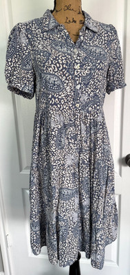 Indigo Rose Dress Short Sleeve Tiered Buttons V-Neck Paisley Blue PL Large Med