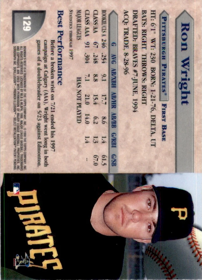 Ron Wright 1998 Bowman's Best #129 Auto Pittsburgh Pirates - Image 2 of 3