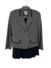 Vintage Leslie Fay Skirt Suit 10P Used Petite Black White Houndstooth USA