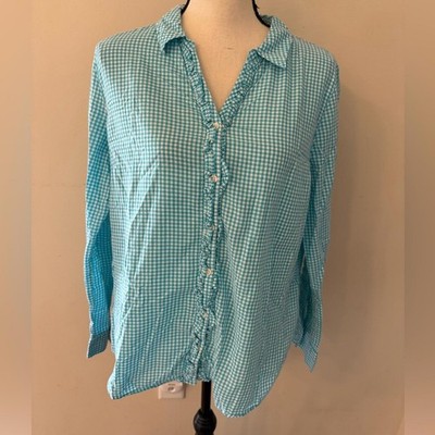 Ericka teal white plaid ruffled button up long sleeve SZ LG