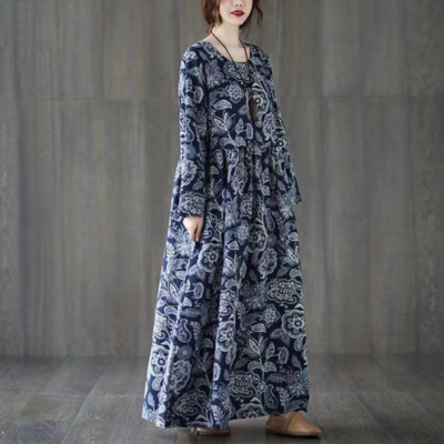 a line ethnic dress for women Women Ethnic Dress Floral Print Loose Round Neck Long Dress A-line Vintage