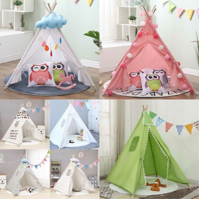 Large Cotton Wooden Teepee Play Tent Kids Playhouse Wigwam Children Outdoor Toy
