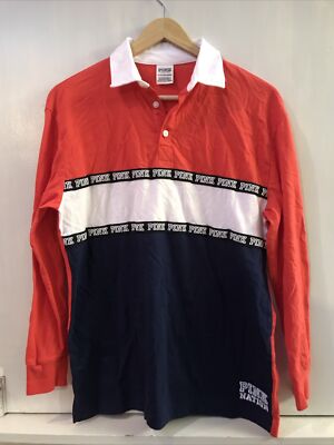 Victoria's Secret PINK Nation Rugby Polo Long Sleeve Shirt Red White Blue  XS