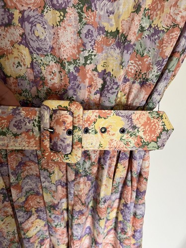 80s Leslie Fay Pink Floral Pleated Secretary Dress With Shoulder Pads Size 12 - Picture 10 of 12