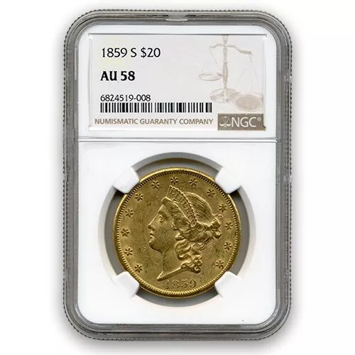 1859 S $20 GOLD TYPE I LIBERTY NGC AU58