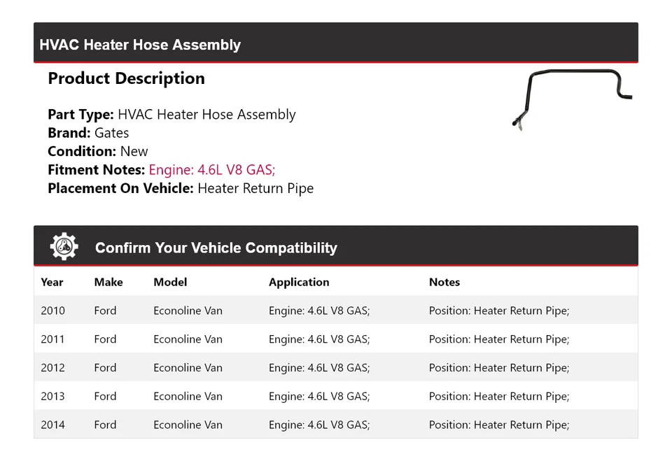 For 2010-2014 Ford Econoline Van HVAC Heater Hose Assembly Gates 2011 2012 2013 - Image 2 of 3