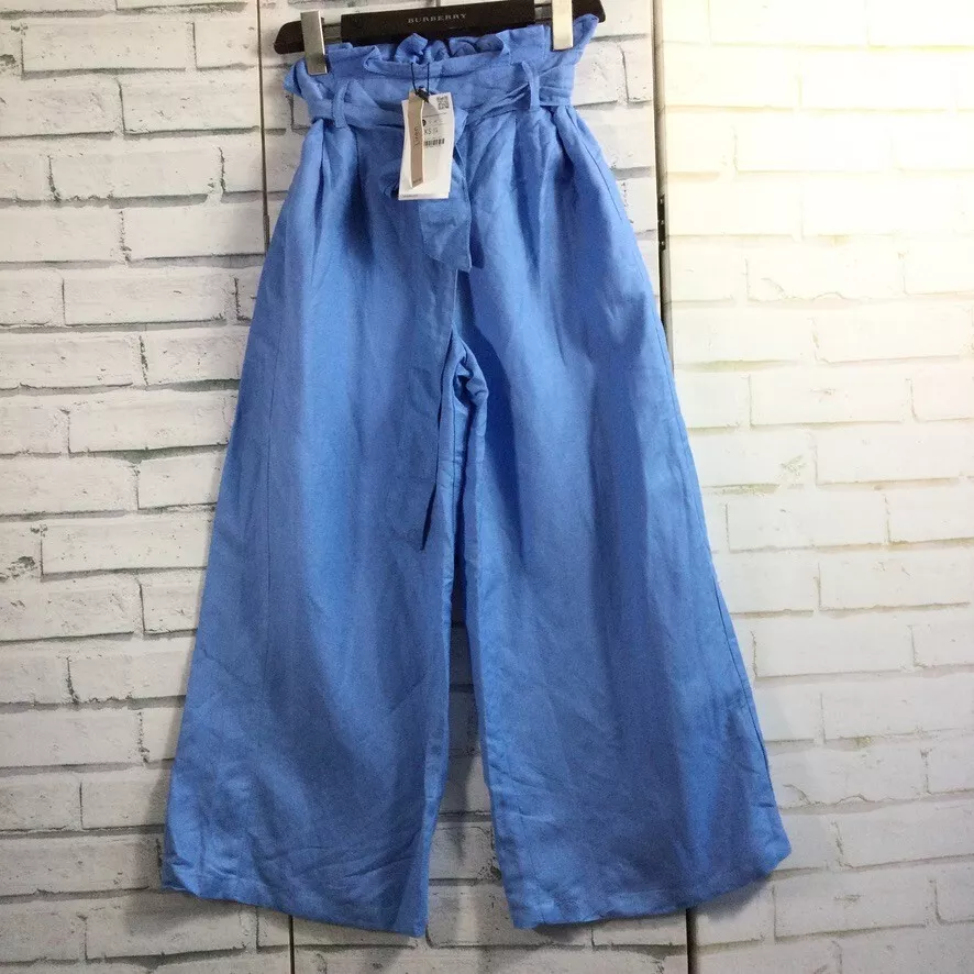 Bershka Trousers Linen Mix Wide Leg Blue Paper Bag Size XS W23 L25