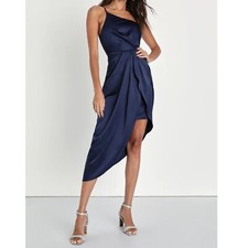 Lulus Law of Attraction Navy Blue One Shoulder Satin Asymmetric Midi Dress Sz XL