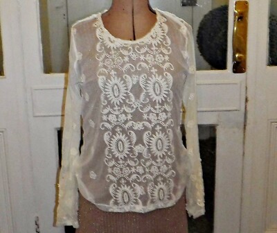 MICRO NETZ TOP 12/14 STRETCH LANGARM RUNDHALS CREME STICKEREI VERZIERT