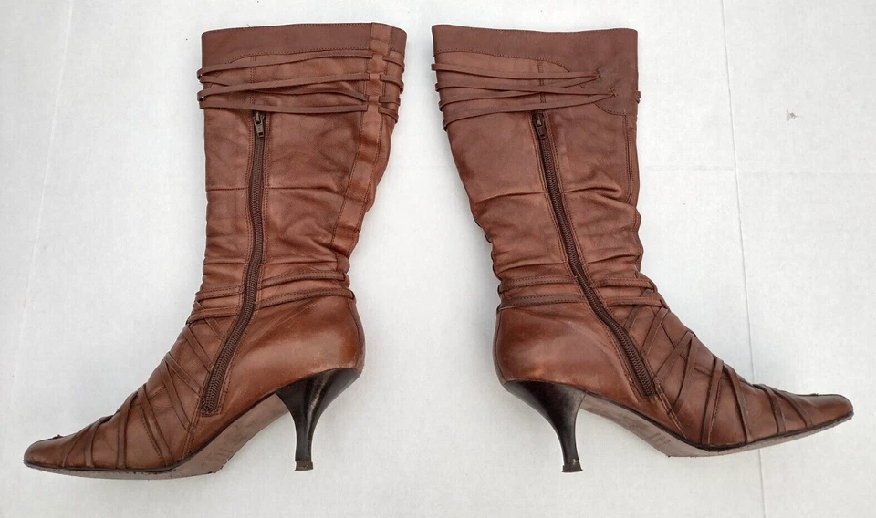 Bronx Mujer Cremallera arrugada Hasta la rodilla Marrón Cuero Bota Tacón Alto Talla 8 Foto 3 de 4