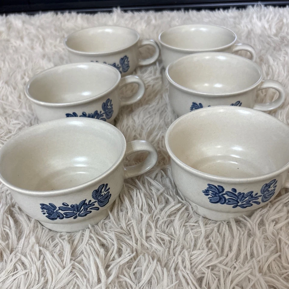 Juego de 6 tazas sopa vintage de gres crema arte popular azul floral Pfaltzgraff Foto 2 de 4