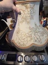 Vintage Antique Large Lampshade Cream Beige Fabric Tassel Fringe