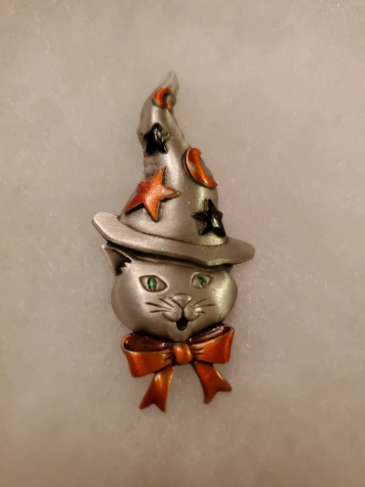 2.5" JJ Jonette Silver-T Pewter Black Orange Halloween Cat Wizard Hat Brooch Pin - Image 2 of 4