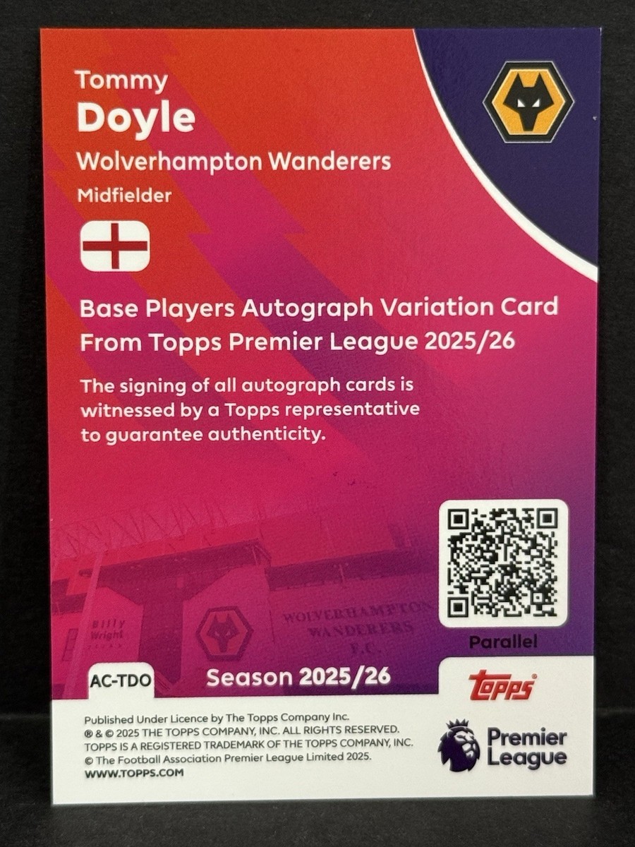 2025-26 Topps EPL Premier League Wolverhampton Tommy Doyle Auto