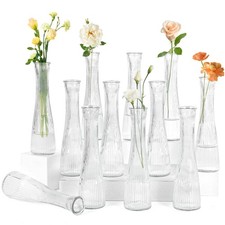 Glass Bud Vases Bulk 12 Pcs - Clear Ribbed Wedding Centerpiece Vases, Small...