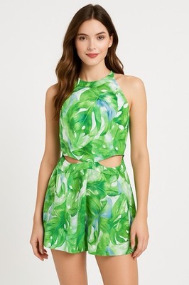 Madden NYC Green Tropical Cut Out Romper Shorts Sleeveless Plus Size XXXL Jr
