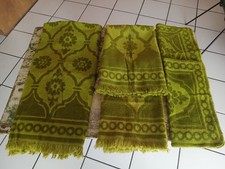 Vintage 5 piece Fieldcrest Avocado Green MCM Sculpted Flower Fringe Towel Set