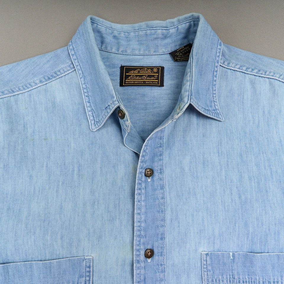 Vintage Eddie Bauer Denim Shirt Mens L Blue Cotton Short Sleeve Button Up USA - Image 2 of 4