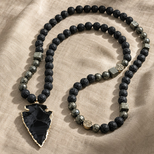 Men's Black Obsidian Arrowhead Necklace Lava Rock Beads 32" Statement