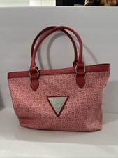 Guess Pink Monogram Tote Bag Ostrich Trim, Leopard Lining Shoulder Handbag