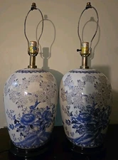 PAIR Mid 20th Century Blue & White Porcelain Vase Lamp Floral Chinoiserie Design