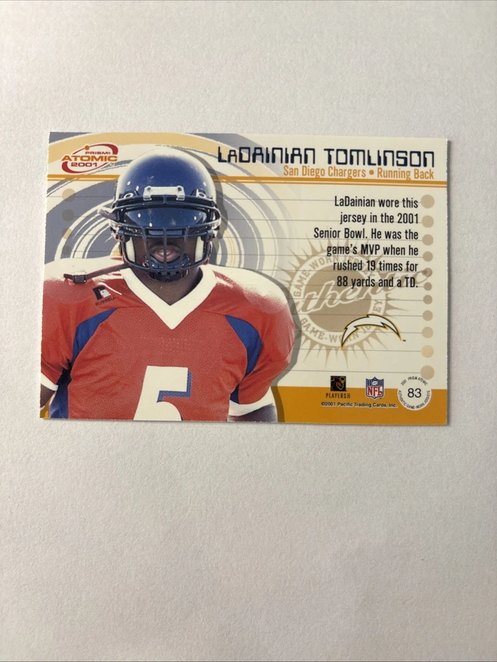 2001 PACIFIC PRISM ATOMIC LADAINIAN TOMLINSON ROOKIE RC PATCH JERSEY - Image 2 of 2