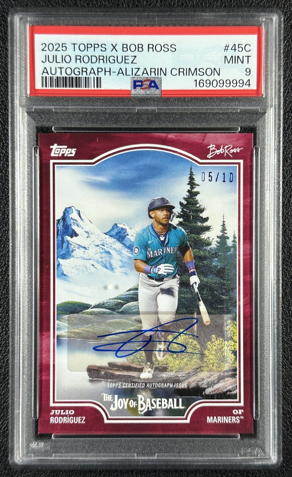JULIO RODRIGUEZ PSA 9 2025 TOPPS BOB ROSS #45C AUTO ALIZARIN CRIMSON 5/10 view 1