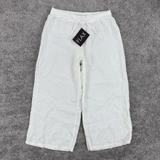 FLAX Pants Women  s M White NWT 100 Linen Wide Leg Cropped Drawstrings Coastal
