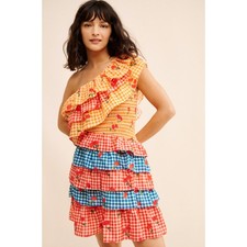 Farm Rio Gingham Floral Cherry Ruffle Tiered One Shoulder Dress Size Large