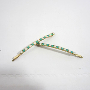 Vintage Opal & Jade Stone PAIR Hair Barrette Clips 3.5" Thin Gold Tone GLAM
