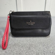 Kate Spade Rosie Black Medium Flap Wristlet Pebbled Leather Red Strap 