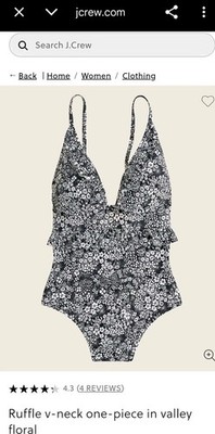 J. Crew Womens 1 Piece Swimsuit  Navy Floral Print Ruffle Plus 20 NWT Runs Small