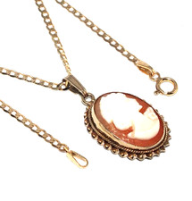 Ladies classic style 9ct yellow gold mounted cameo pendant on a curb link chain